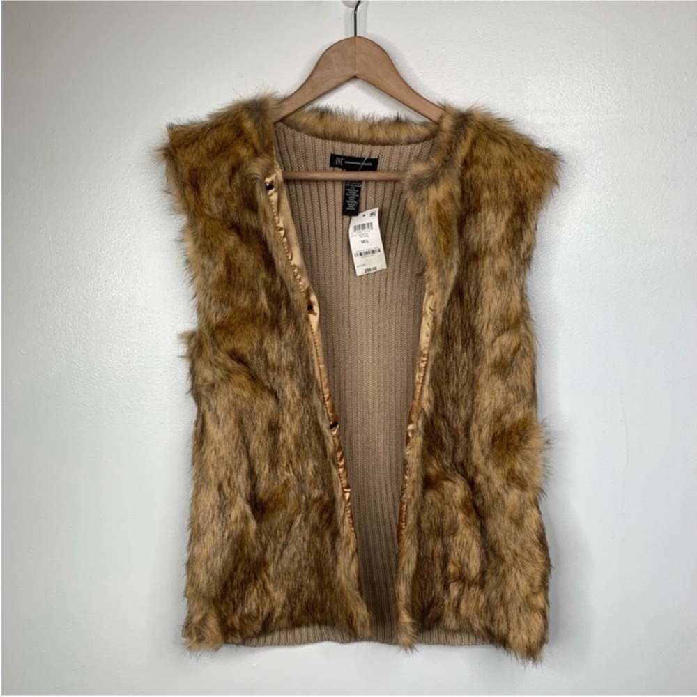 INC International Concepts Faux Fur Vest Womens M/L Tan Knit NWT